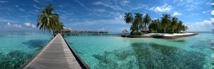 Fototapeta premium A serene tropical scene featuring a wooden pier leading to a lush island, surrounded by clear turquoise waters and a bright blue sky.