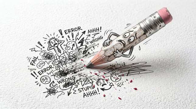 Pencil Character Frantically Erasing Mistakes on Paper