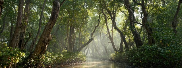 Fototapeta premium A serene forest scene with lush greenery, sunlight filtering through trees, and a calm waterway reflecting the vibrant natural beauty.