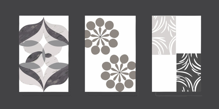 Abstract floral patterns in grayscale arranged as a triptych display
