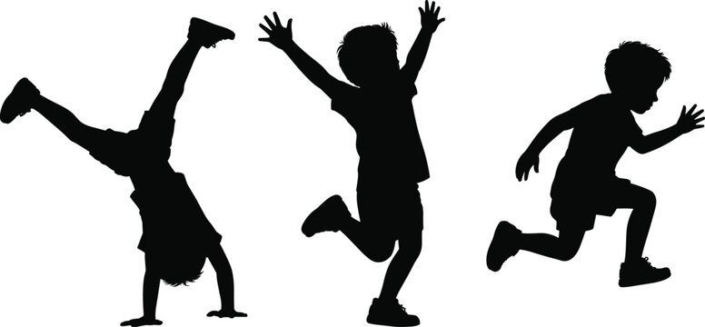 Black Silhouette Set of Active Children Playing Running and Doing Handstands for Childhood Joy Physical Education and Summer Fun Concept