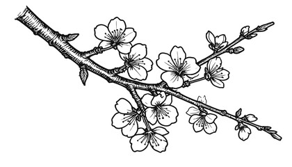 Cherry blossom vertical branch line art botanical illustration isolated on transparent background, elegant sakura flowers arranged on natural branch for spring, decorative and vector design use. © Arun