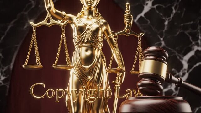 Copyright Law Golden Icon Symbolizing Intellectual Property Justice Themis Statue and Judicial Gavel for Legal Jurisprudence Concepts