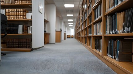 Obraz premium A low angle view down a library aisle lined with wooden bookshelves filled with books