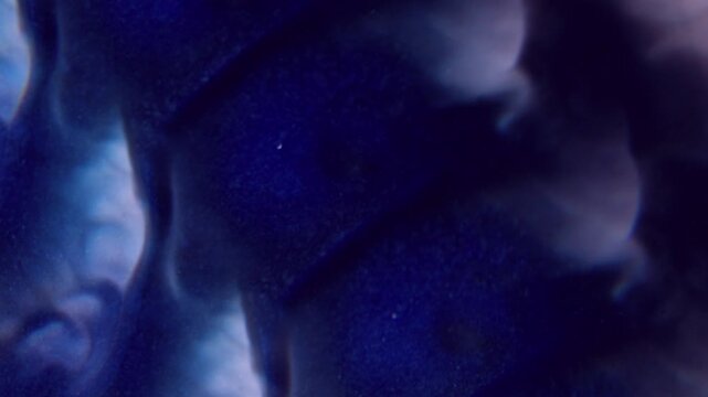 Paint splotch defocused. Art fluid. Blue drop mixing with gray fluid on dirty background. Prism lens abstract color flow optical effect.