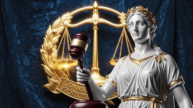 Legal advocacy symbol with Themis statue and wooden judge gavel positioned against a shimmering golden consumer protection icon with balance scales representing justice and litigation rights.