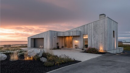 Fototapeta premium Modern wooden house with stunning sunset view over the water, featuring clean lines and an inviting entrance, surrounded by lush landscaping and driveway
