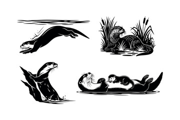Otter Vector Silhouette graphic design illustration collection set icon pack, Otter Silhouette Vector Set, Cute Otter Collection, River Otter Poses, Aquatic Animal Icon Pack Illustration © Rasel