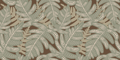 Seamless vector pattern with dotted fern leaf and tropical foliage. Ethnic botanical ornament with points on brown background for textile, wallpaper, and boho fashion print. © mila_okie