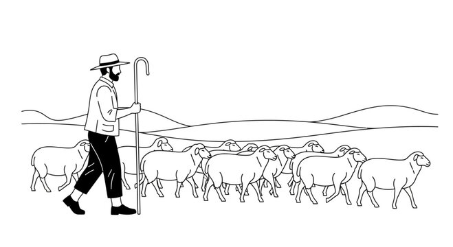 Man herding sheep with shepherds crook.