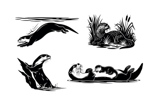 Otter Vector Silhouette graphic design illustration collection set icon pack, Otter Silhouette Vector Set, Cute Otter Collection, River Otter Poses, Aquatic Animal Icon Pack Illustration