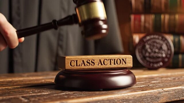 Wooden Judge Gavel Resting on Sound Block Symbolizing Class Action Lawsuit Justice and Legal Authority in Courtroom Setting with Professional Mahogany Texture and Cinematic Lighting Detail