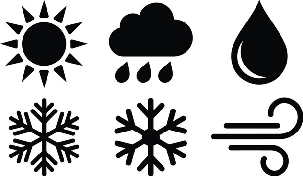 Weather icon set with sun rain cloud water drop snowflakes and wind symbols for climate forecast nature and environmental design
