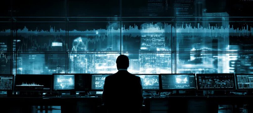 Businessman or stock trader using multiple screen for trading and investment. Generative video AI technology.
