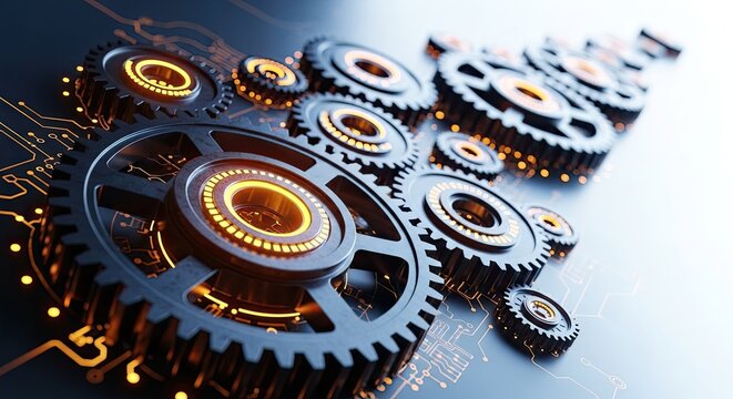 Golden copper coins flowing in a continuous loop on a dark blue circuit board background golden coins