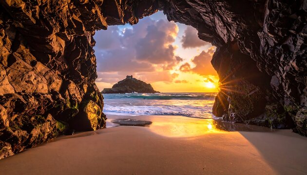 A serene beach scene through a cave at sunset