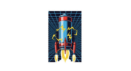 Obraz premium A stylized rocket ship, resembling a battery with lightning bolts, launches upwards against a retro-futuristic grid background.