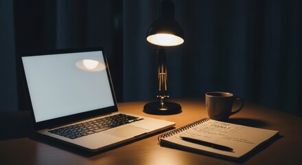 Fototapeta premium Late night focus at warm lamplit desk with open laptop, notebook and coffee mug creating quiet, concentrated atmosphere for studying, writing and deep creative work