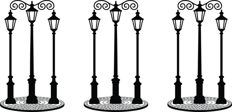 Vintage street lamp silhouette vector set, classic wrought iron lamppost lanterns with cobblestone base pavement