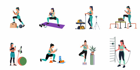 Fototapeta premium Set of flat design illustrations showing women using smartphones and technology while performing various fitness exercises and gym workouts.