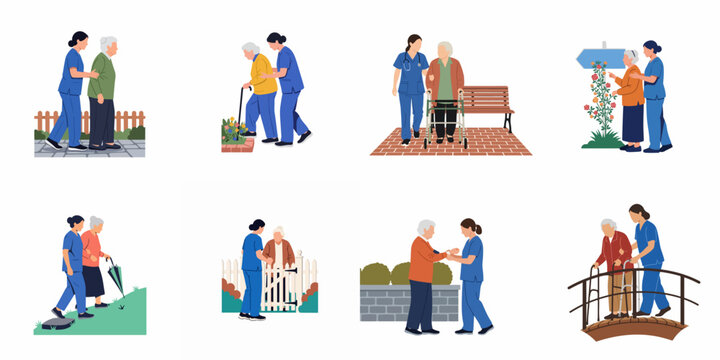 Flat illustration set of a nurse assisting elderly women in various outdoor activities, depicting professional senior care, nursing support, and geriatric health services.