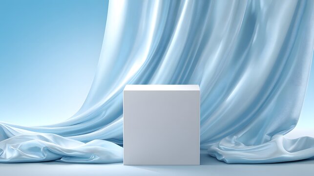 Minimalist White Cube Pedestal on a Flowing Blue Fabric Background.