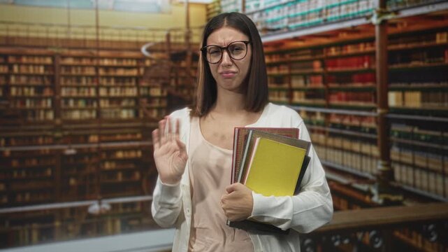 Woman student wearing glasses and a cardigan clutching textbooks and a yellow notebook, raising one hand and grimacing in a library building; frustration.
