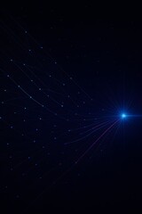Obraz premium Abstract blue network connections converging to bright node on dark background, digital data visualization representing technology infrastructure and communication systems.