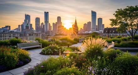 Fototapeta premium Beautiful urban park with curved winding pathways through ornamental gardens and modern city skyline at sunset golden hour creating perfect landscape architecture photography showcasing contemporary u