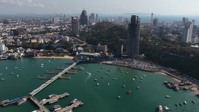 Aerial view of pattaya city and bali hai pier in thailand