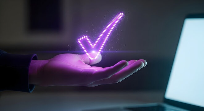 Conceptual image of a glowing purple checkmark floating above an open palm, representing successful task validation, digital achievement, and completed objectives in a tech-focused environment