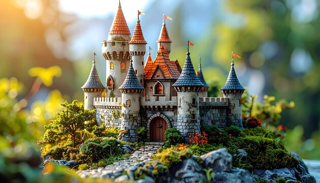 A miniature stone castle with multiple towers and orange-roofed turrets sits atop a mossy island, bathed in sunlight