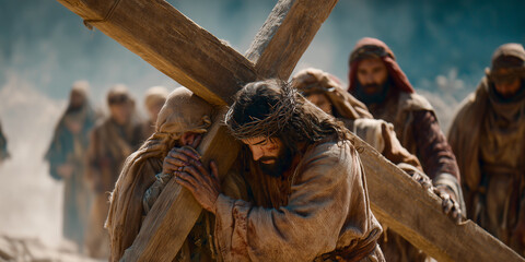 Fototapeta na wymiar Simon of Cyrene Helping Jesus Carry the Cross on the Road to Calvary