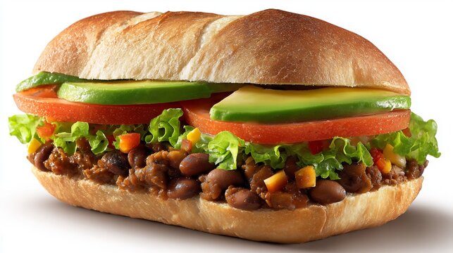 Mexican torta sandwich with bolillo roll, layered with fresh ingredients, vibrant colors