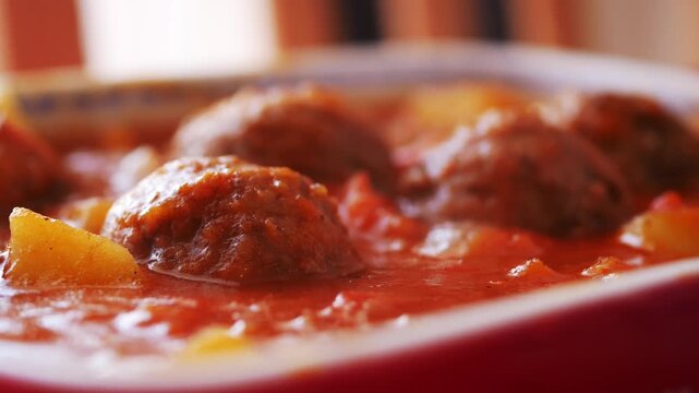 Slow motion close-up of a rustic clay dish filled with homemade meatballs and potatoes simmering in rich tomato sauce, steam gently rising