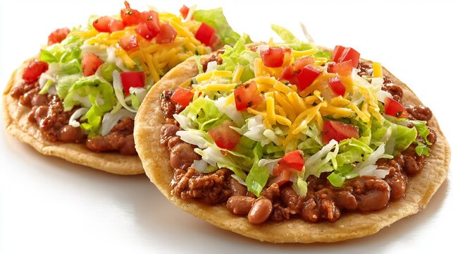 Delicious Mexican tostadas topped with refried beans, seasoned meat, fresh tomatoes, lettuce, and cheddar cheese