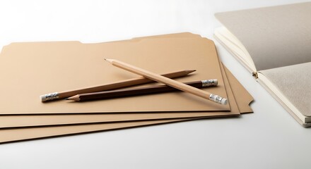 Naklejka premium Minimalist Composition of Pencils and Paper on a White Surface.