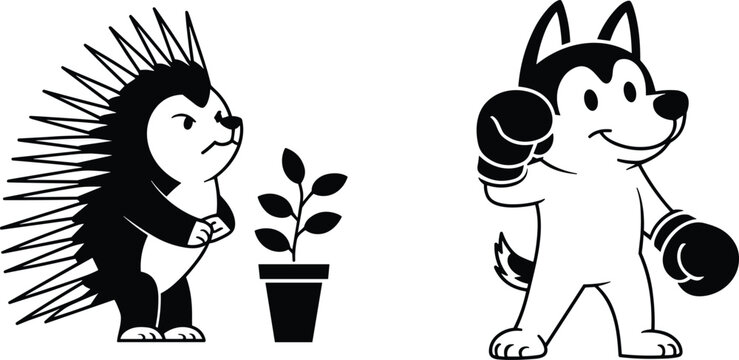 Cartoon porcupine with stern expression beside plant and playful dog wearing boxing gloves, anthropomorphic animal characters in humorous, creative illustration for children&rsquo;s projects and branding.