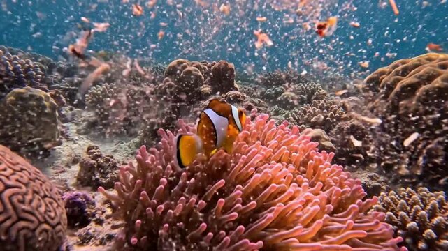 Vibrant clownfish navigating a coral reef ecosystem contaminated with microplastic waste and suspended debris in the blue ocean water.