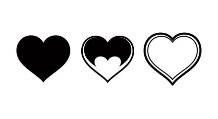 Three Heart Symbols in Black and White Illustration Set for Graphic Design.