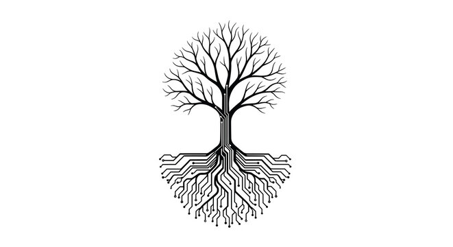 A striking black and white illustration depicts a leafless tree with highly detailed branches and intricate circuit board-like roots forming a semi-circular pattern.