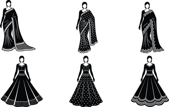 Indian traditional saree and lehenga choli silhouette vector collection, ethnic women fashion apparel icons for wedding invitations, cultural dress designs