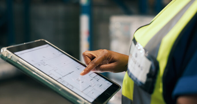 Hands, person and blueprint on tablet screen for warehouse design, floor plan and expansion. Contractor, digital and review sketch for factory layout, planning renovation and maintenance information