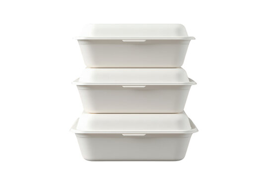 Stacked biodegradable takeaway containers offering sustainable food packaging for eco-friendly consumer choices on transparent background