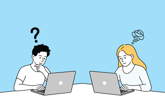 Man and Woman Confused While Communicating Online with Laptops. Remote Communication Problem Misunderstanding and Confusion Illustration.