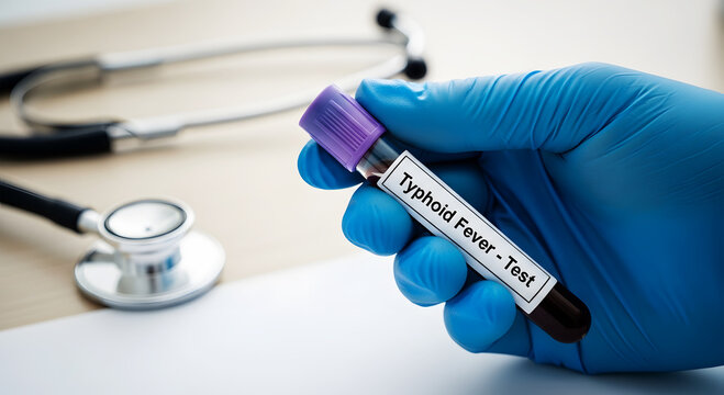 Hand in blue glove holds typhoid fever test tube with stethoscope medical