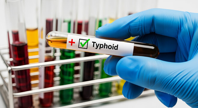 Hand in blue glove holds test tube labeled Typhoid with green checkmark medical laboratory