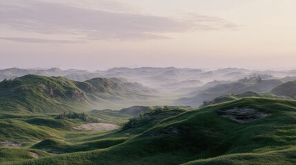 Fototapeta premium Serene Green Hills Under Soft Morning Light with Misty Valleys and Tranquil Atmosphere, Ideal for Nature and Landscape Photography