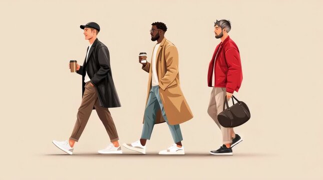 three fashionable black men walking confidently, smooth walking loop, modern street style outfits, coffee cup and duffle bag, stylish casual pose, editorial fashion illustration, minimalist solid beig