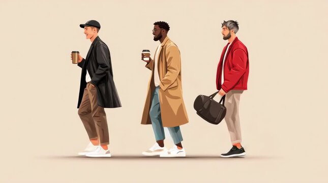 three fashionable black men walking confidently, smooth walking loop, modern street style outfits, coffee cup and duffle bag, stylish casual pose, editorial fashion illustration, minimalist solid beig